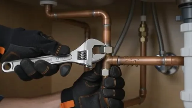 Gloved hands tightening a copper supply fitting under a sink with an adjustable wrench