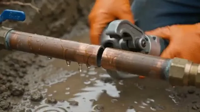 Pipe cutter on a leaking copper line in a muddy trench