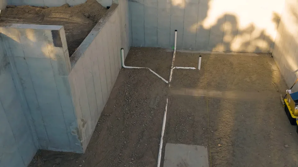 White drain pipes laid in the floor of an open basement room