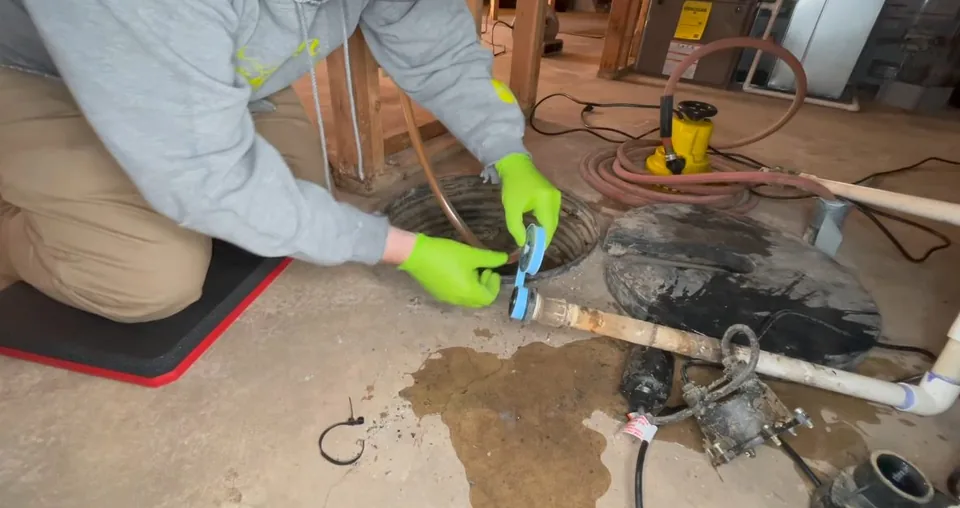 Pipe repair under way at floor level in an unfinished room with a jack in place