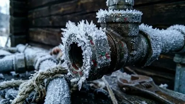 Frost covering an outdoor metal pipe and shutoff valve