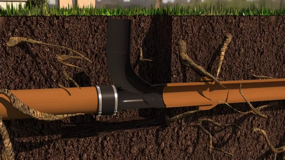Illustration of tree roots growing into a buried sewer pipe