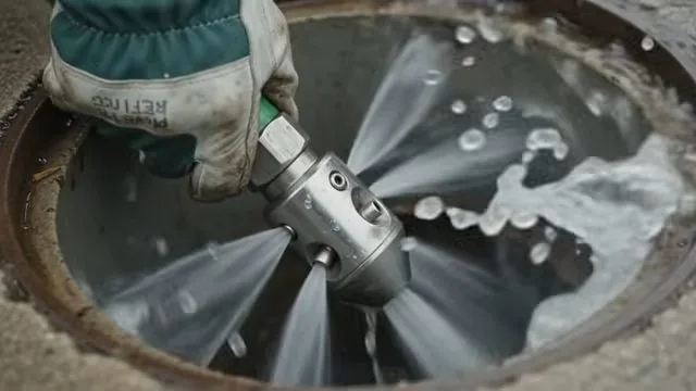 Jet nozzle spraying water inside a drain pipe