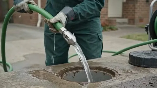 Technician feeding a jetting hose into an outdoor cleanout