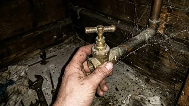 Hand holding an old brass shutoff valve in a cobwebbed crawl space