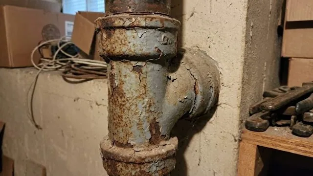 Heavily rusted cast iron tee fitting beside a basement wall