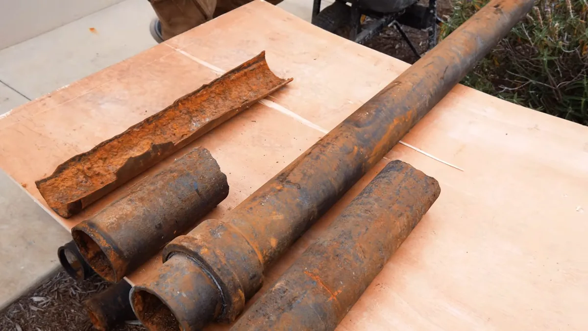 Rusted steel pipe sections cut open on a plywood sheet