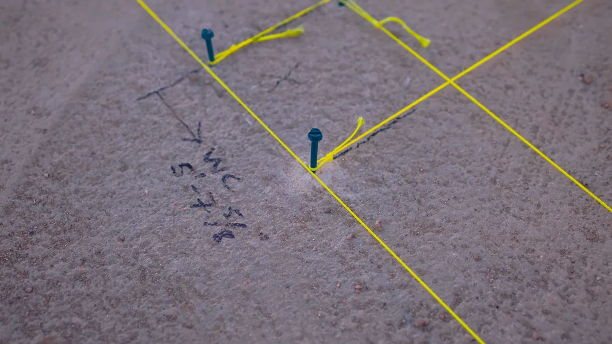 Concrete floor marked with a grid of lines and pins over a suspected pipe route