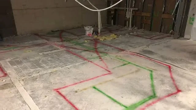 Concrete floor with spray-painted marks where a leak was located