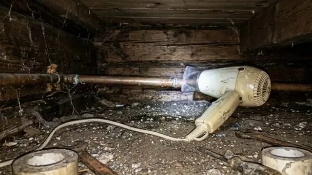 Hair dryer warming a frozen copper pipe in an unheated crawlspace