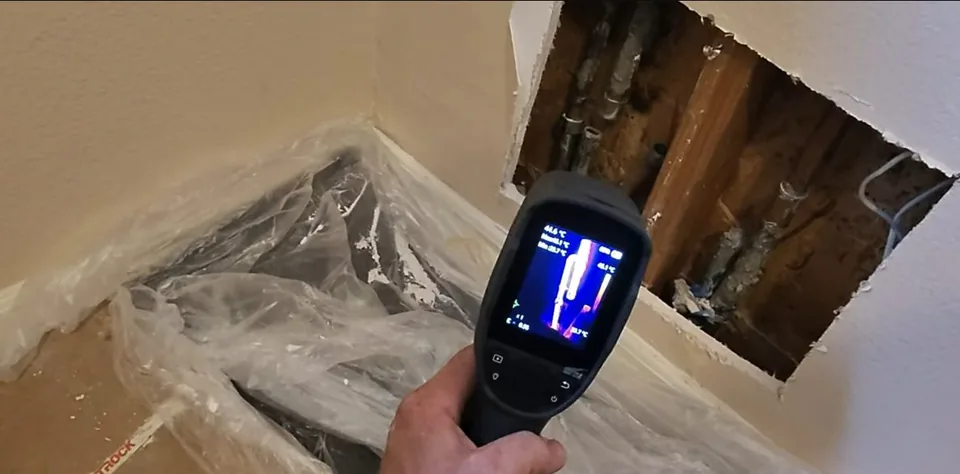 Thermal imaging camera held toward an opened wall section with a damp area