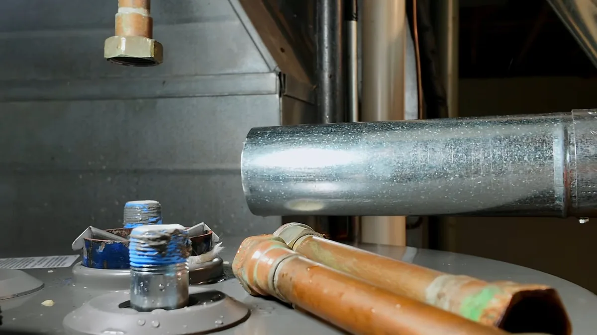 Top of a water heater with a flue pipe, capped fittings and copper lines