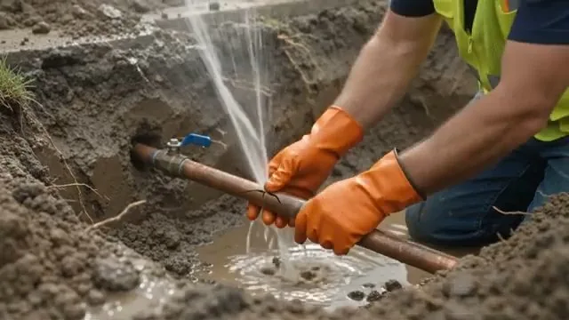 Plumber in orange gloves holding a copper line with water spraying from it in a muddy trench