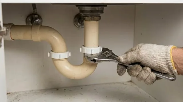 Gloved hand using an adjustable wrench on a sink P-trap with slip nuts